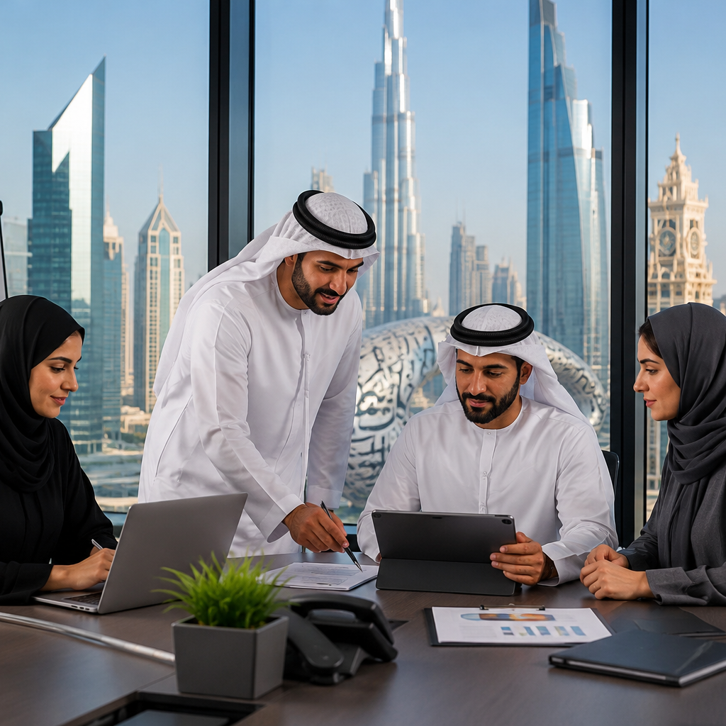 Professional UAE business team collaborating in a modern Dubai office, representing Khadooj's commitment to connecting businesses and communities across the UAE.